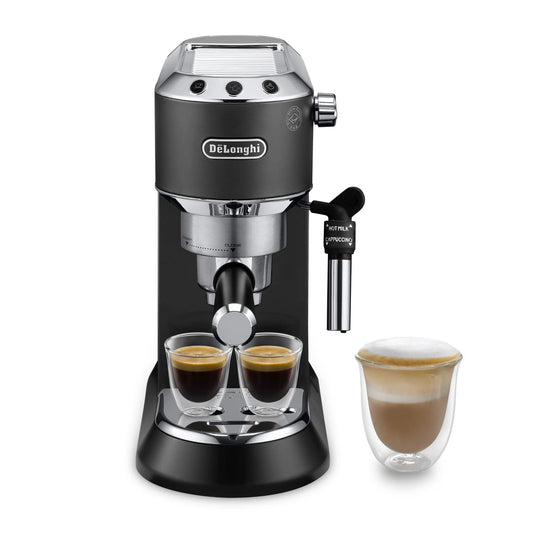 Espresso Siebträgermaschine mit Milchaufschäumer, 15 cm schmal, für Kaffeepulver & ESE Pads, 1 l Tank, Schwarz