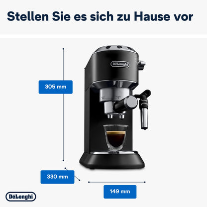 Espresso Siebträgermaschine mit Milchaufschäumer, 15 cm schmal, für Kaffeepulver & ESE Pads, 1 l Tank, Schwarz
