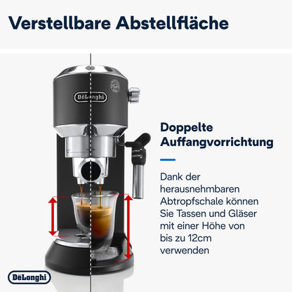 Espresso Siebträgermaschine mit Milchaufschäumer, 15 cm schmal, für Kaffeepulver & ESE Pads, 1 l Tank, Schwarz