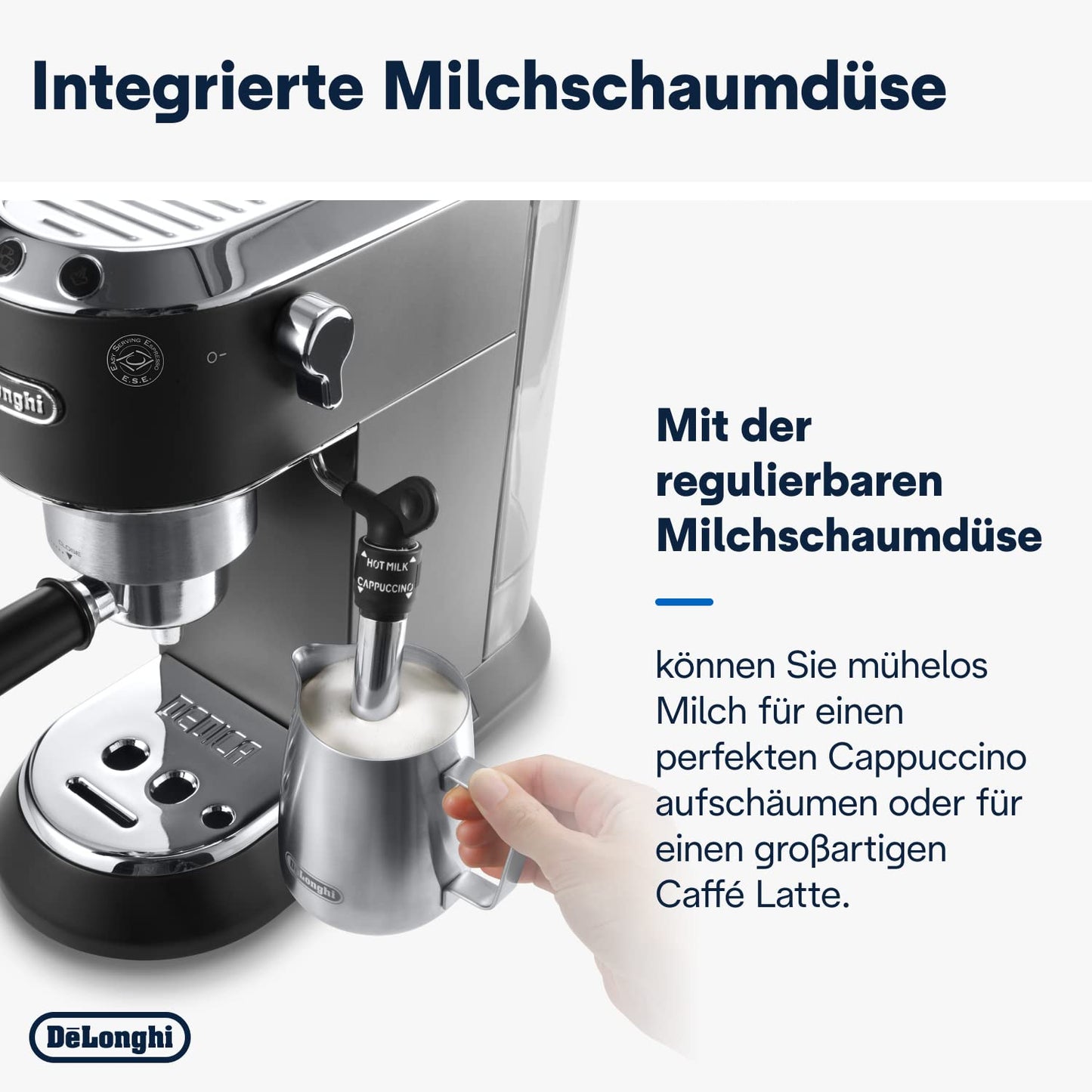 Espresso Siebträgermaschine mit Milchaufschäumer, 15 cm schmal, für Kaffeepulver & ESE Pads, 1 l Tank, Schwarz