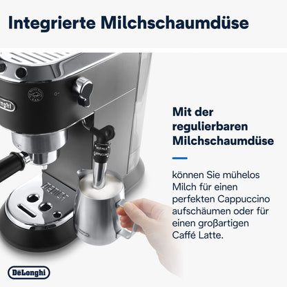 Espresso Siebträgermaschine mit Milchaufschäumer, 15 cm schmal, für Kaffeepulver & ESE Pads, 1 l Tank, Schwarz